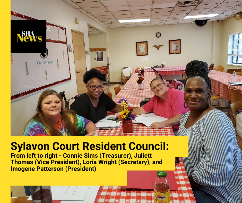 Picture of Sylavon Court Resident Council From Left to right- Connie Sims – Treasurer, Juliett Thomas – Vice President, Loria Wright – Secretary, Imogene Patterson – President